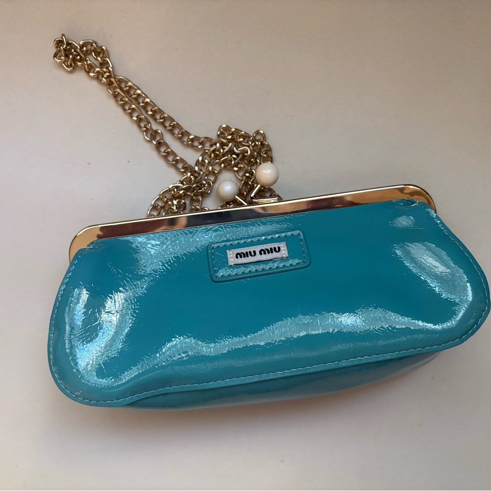 Miu Miu Blue and Gold Clutch with Detachable Chain